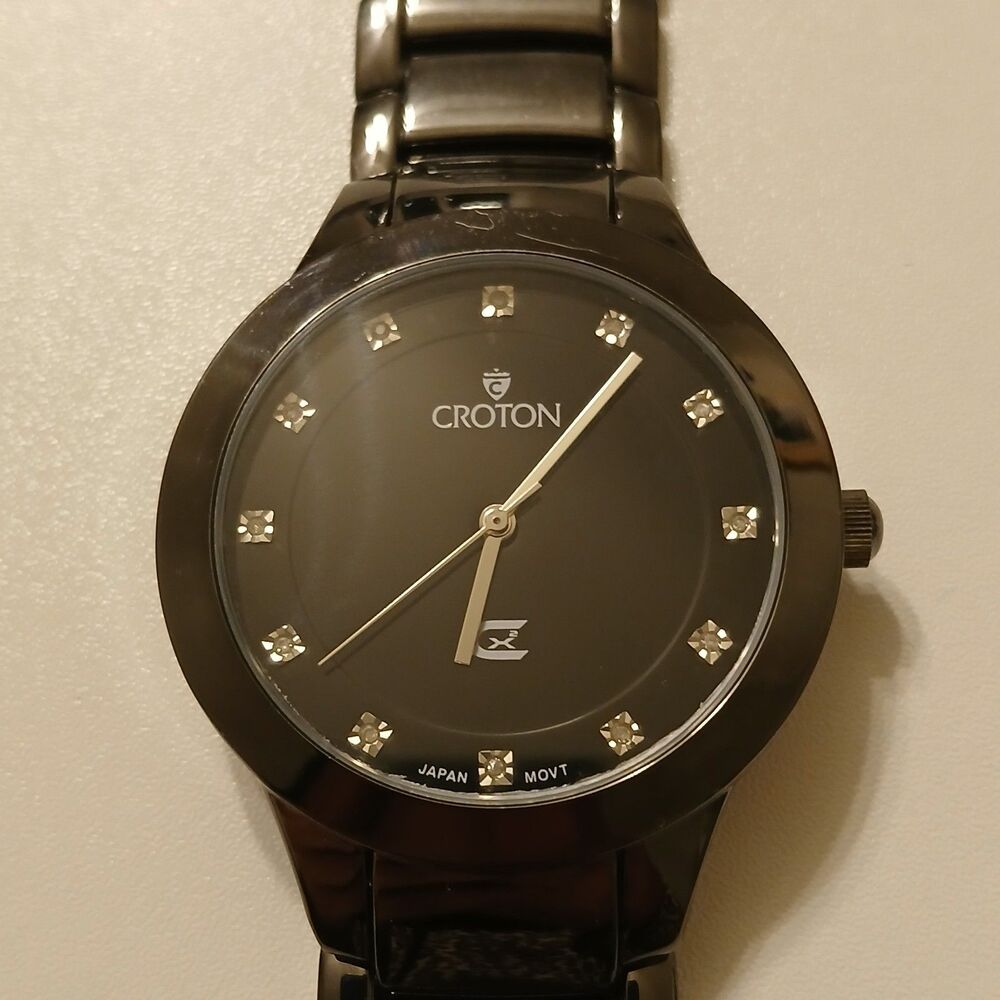Croton Men Gunmetal Black Dial Genuine Diamonds Stainless Steel Watch